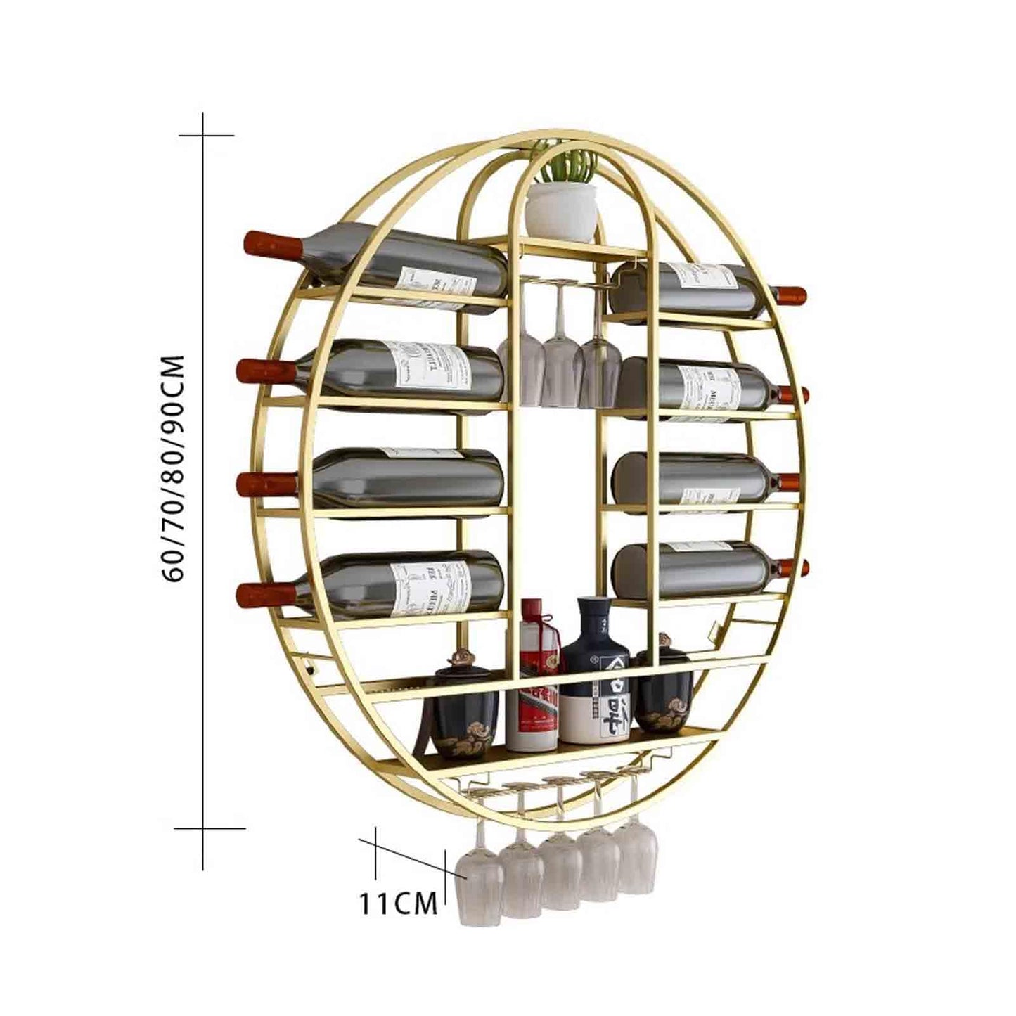 Wall-Mounted Hanging Wine Rack, Iron Bottle Shelf & Glass Stemware Organizer, Stylish Home & Bar Display, 60x11x60cm, Gold Liquor Storage for Kitchen & Cafe