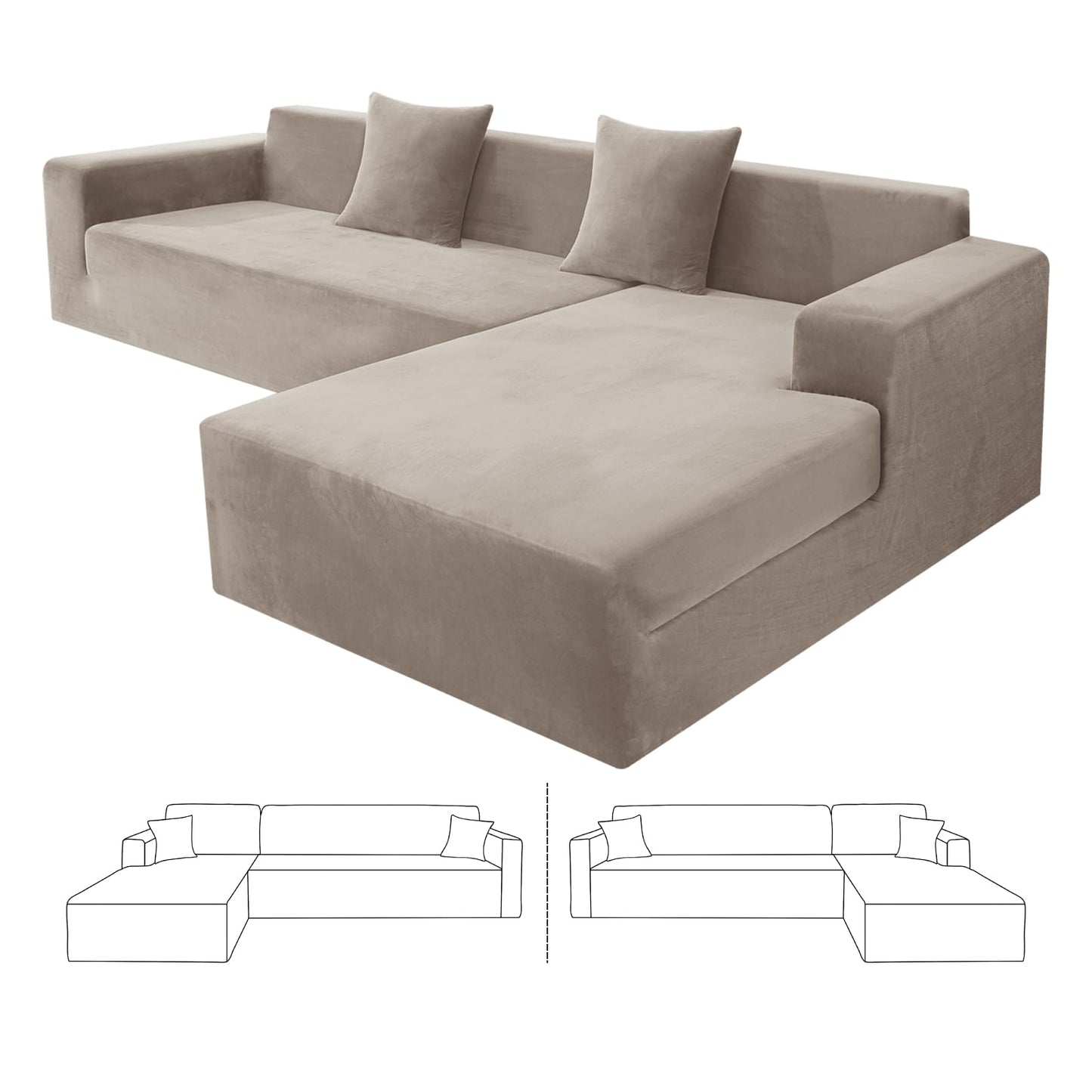 ZNSAYOTX 2026 Soft Velvet Sectional Couch Covers, Luxury Plush Slipcovers with Elastic Bottom for L Shape Sectional Sofa, 2 Pcs Pet Friendly Protector (3 Seat Couch + 2 Seat Chaise, Khaki)