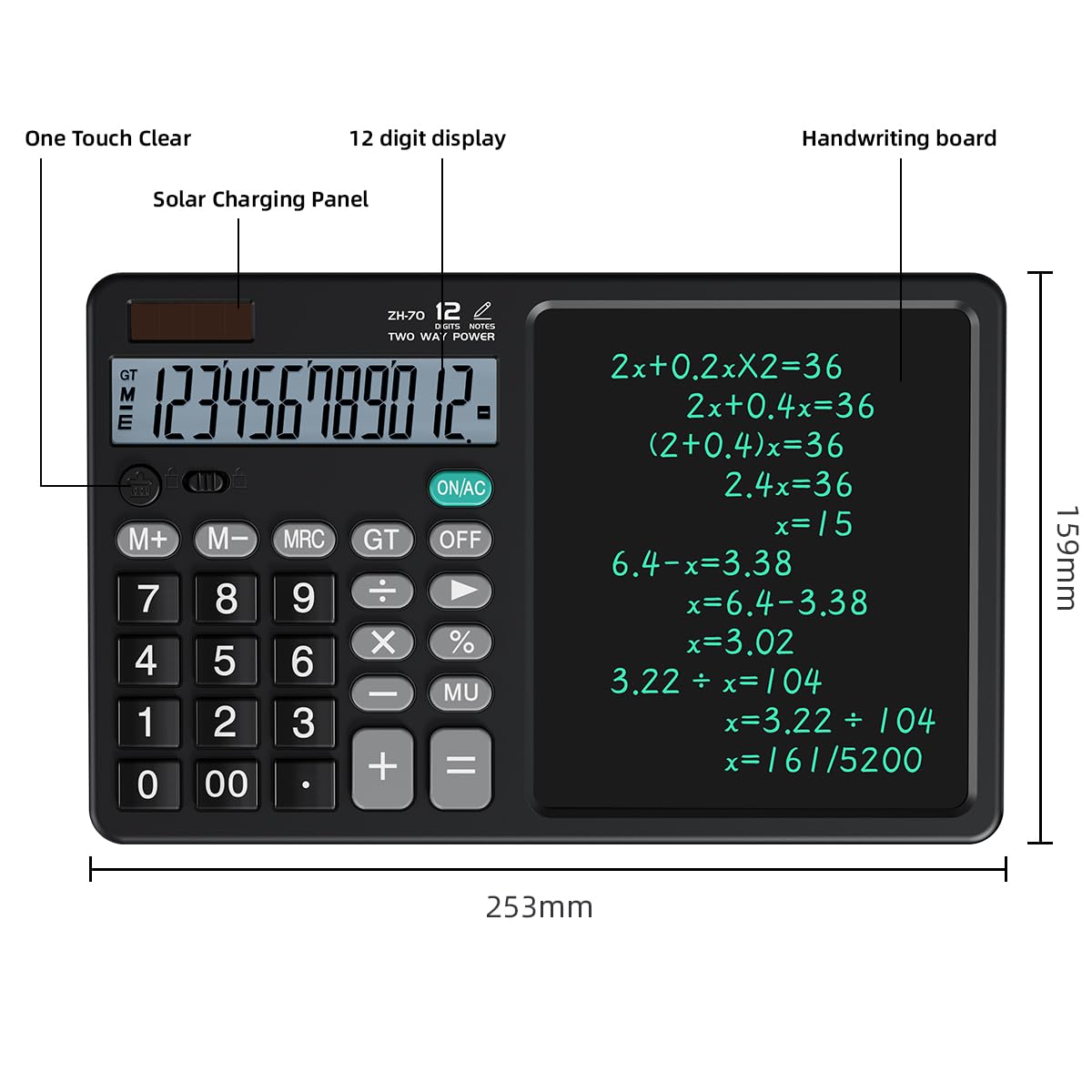 Desk Calculator with Erasable Writing Pad, 12-Digit Wide Screen Display, 100,000+ Reusable LCD Notepad, One-Click Clear & Lock Function, Solar and Battery Dual Power for Office,School,Business (Black)