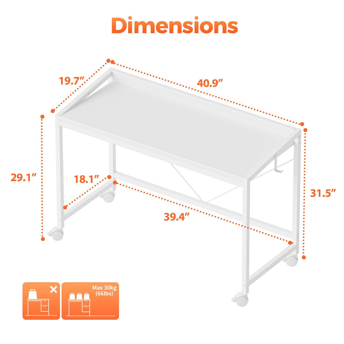 Mericonia 40 inch Rolling Computer Desk with Wheels, Gaming Desk for Small Spaces, Modern Simple Style Table for Home Office, Study Writing Table