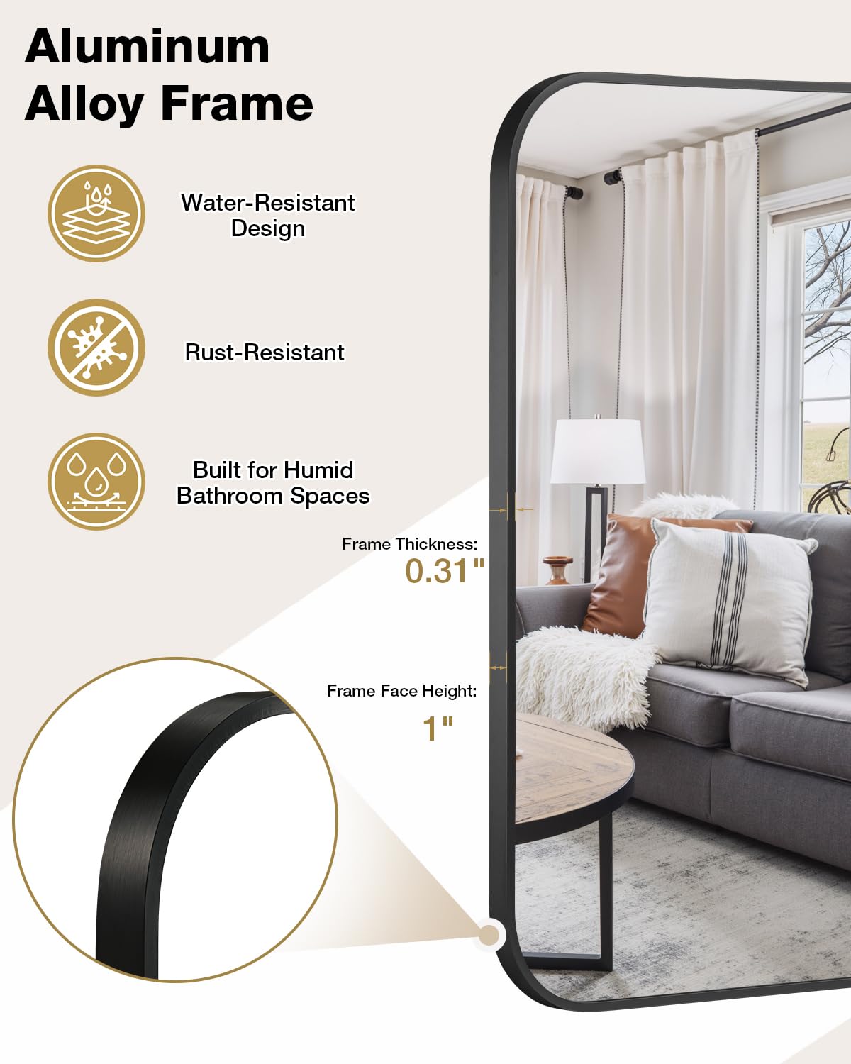 Umzodo 16x24 Inch Black Rounded Rectangle Vanity Mirror with HD Reflection, Shatter-Resistant Tempered Glass Bathroom Mirror for Over Sink, Aluminum Frame, Horizontal or Vertical