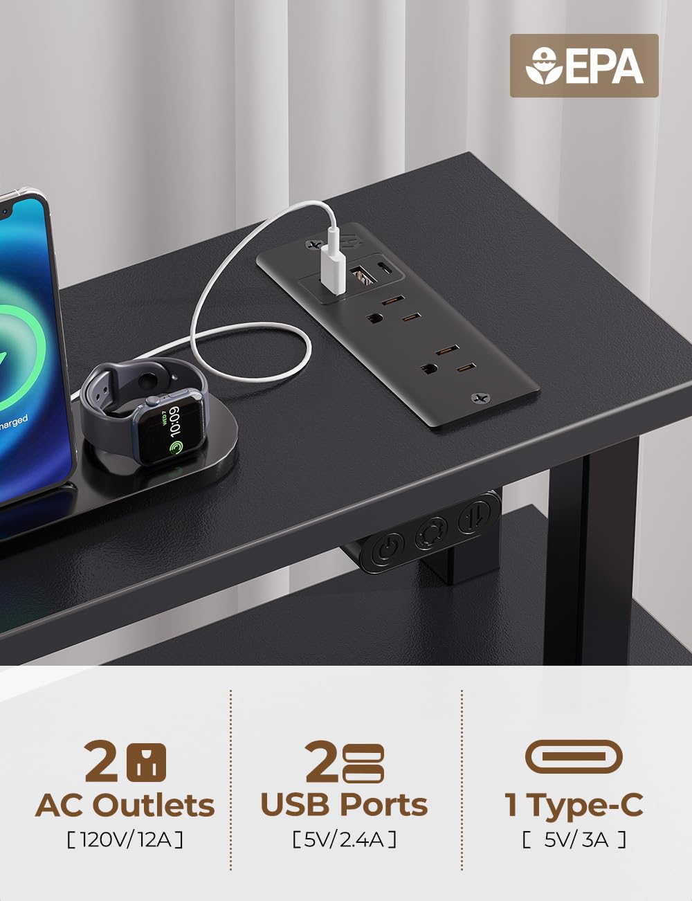 Seventable Computer Desk with Power Outlets & LED Lights, 47 inch Office Desk with Keyboard Tray & 5 Drawers, PC Desk/Work Desk/Computer Table for Home Office, Black