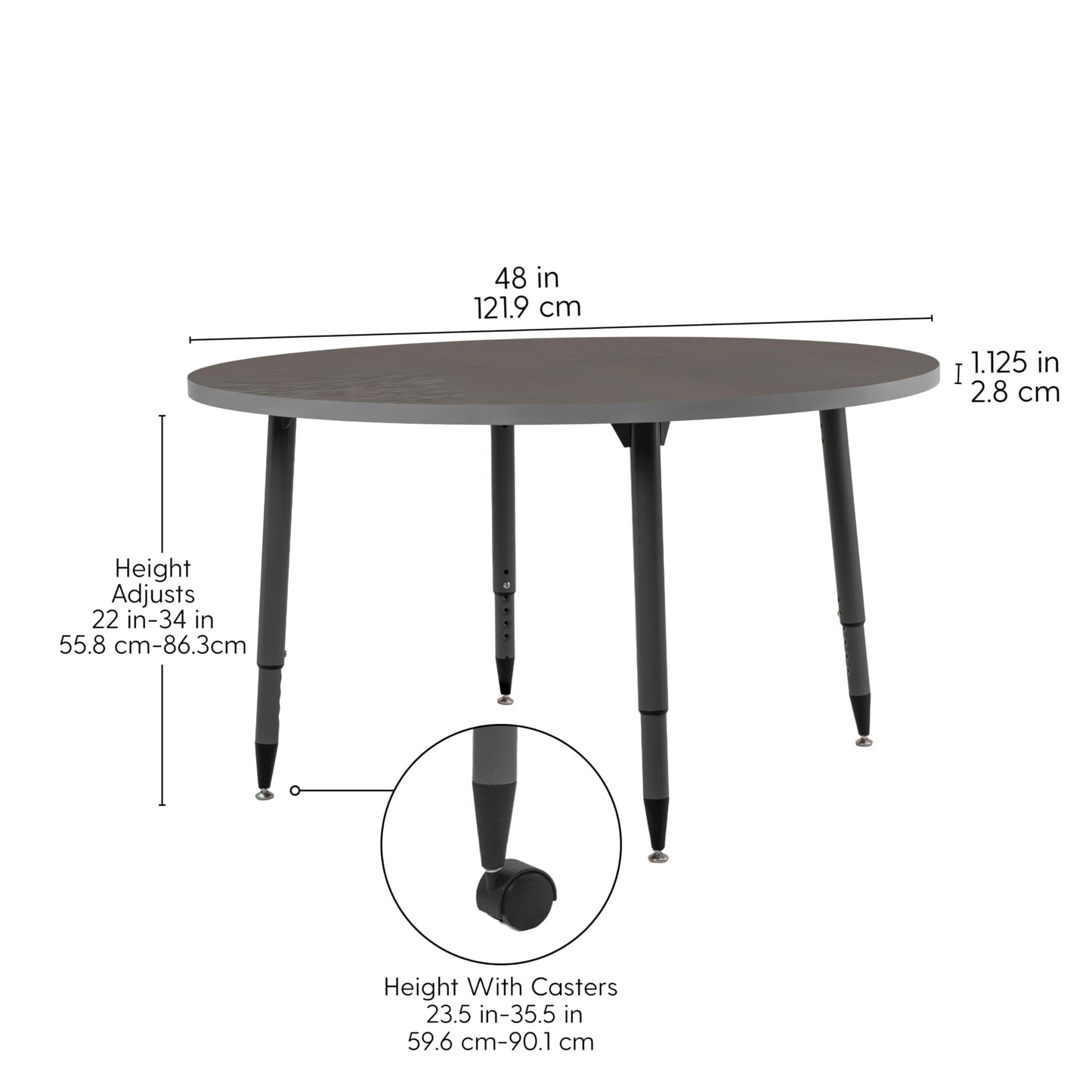 Adapte Commercial Classroom Activity Table - 48" Round, ADA Compliant Tapered Legs with Glides & Casters, Adjustable Height 22-34" Wheelchair Accessible, School & Office Furniture