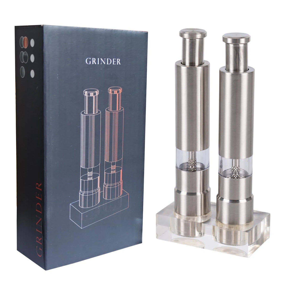 Stainless Steel Salt and Pepper Grinder Set, Manual Refillable Peppercorn Mills with Push Button, Thumb Grinder, Sliver White