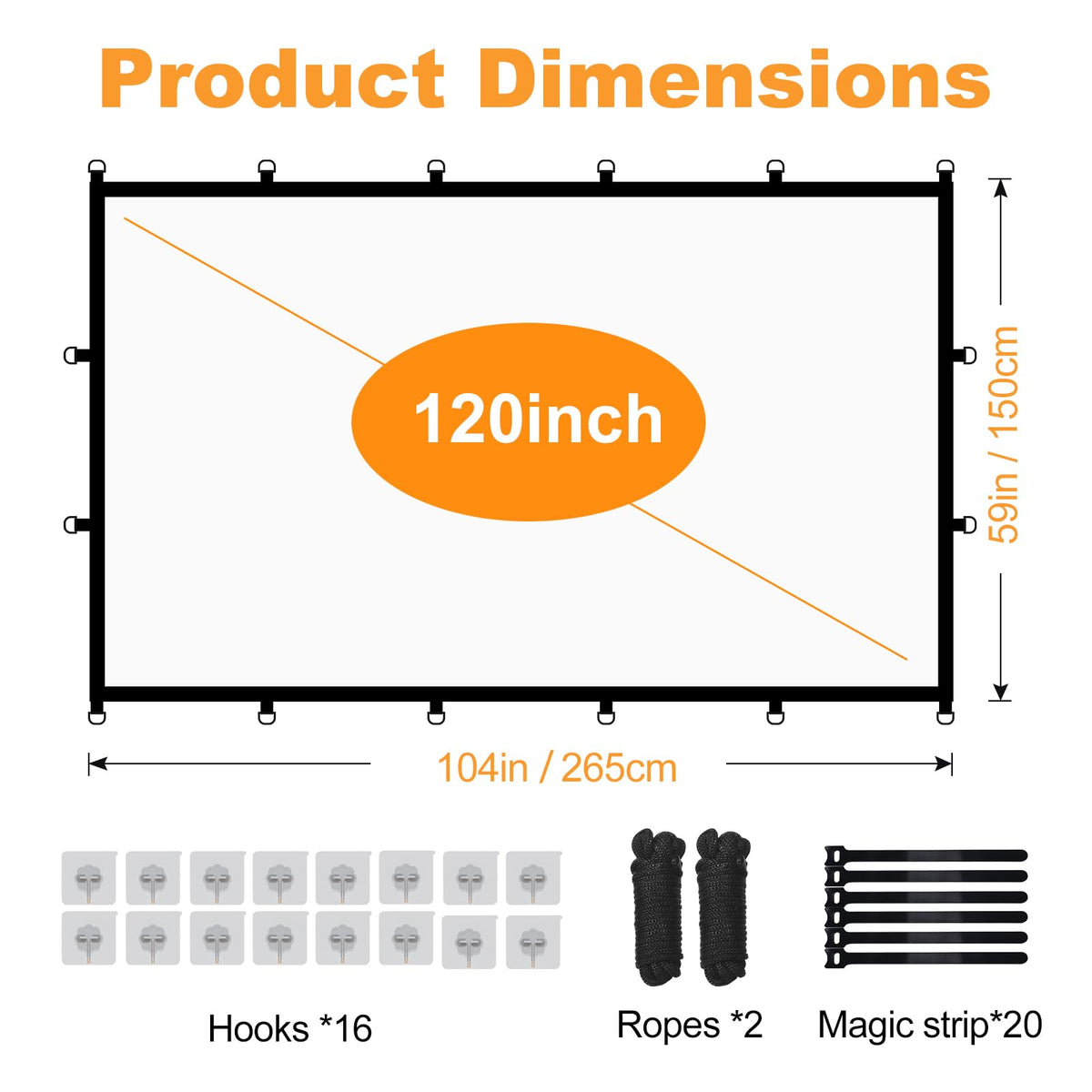 Outdoor 120in Projector Screen, Washable Black Backing Movie Screen Foldable Wtinkle-Free Projection Screen for Indoor/Outdoor Home Theater, Camping, Office, 16:9 4K HD Projector for Movies On Wall