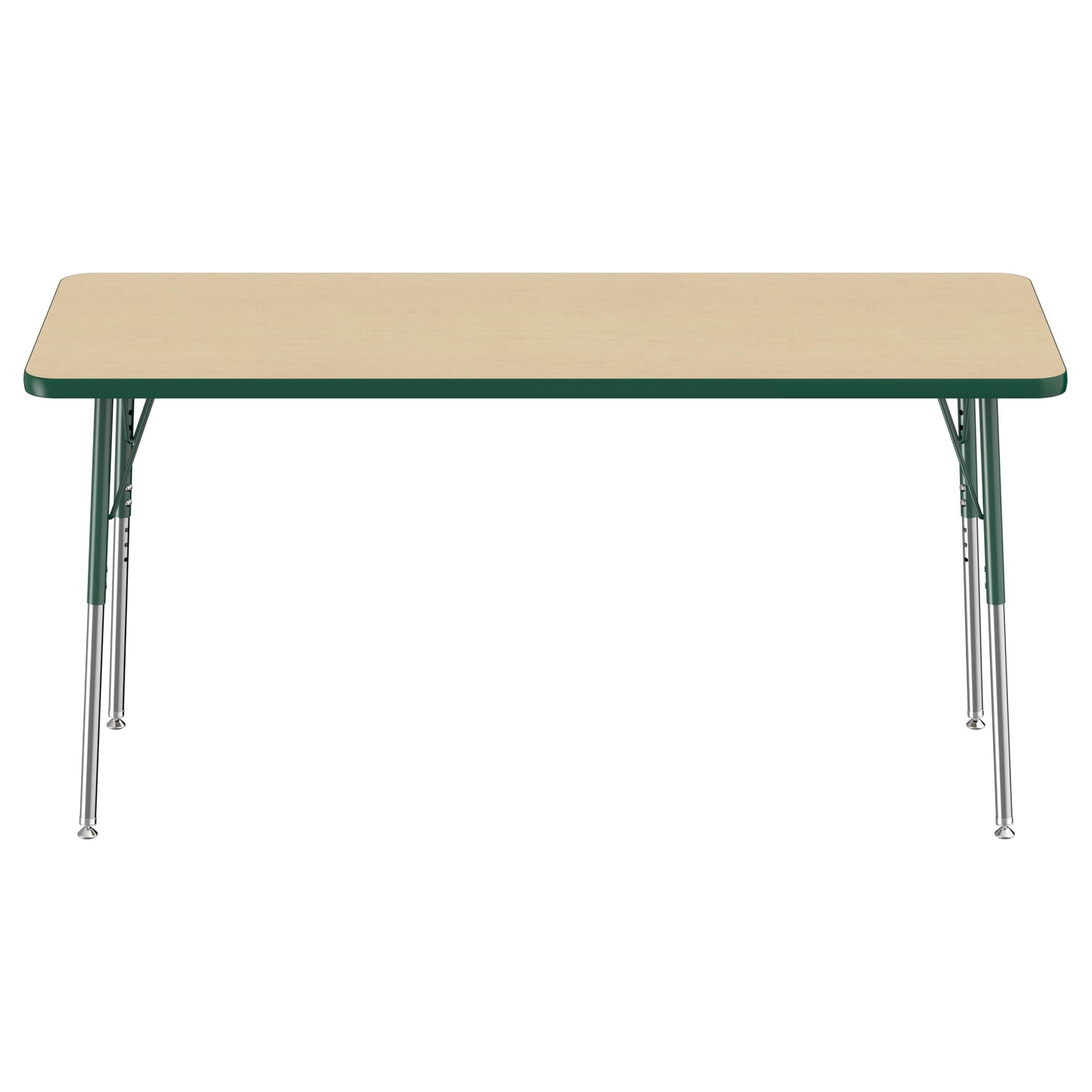 FDP Rectangle Activity School and Office Table (24 x 60 inch), Standard Legs with Swivel Glides, Adjustable Height 19-30 inches - Maple Top and Green Edge