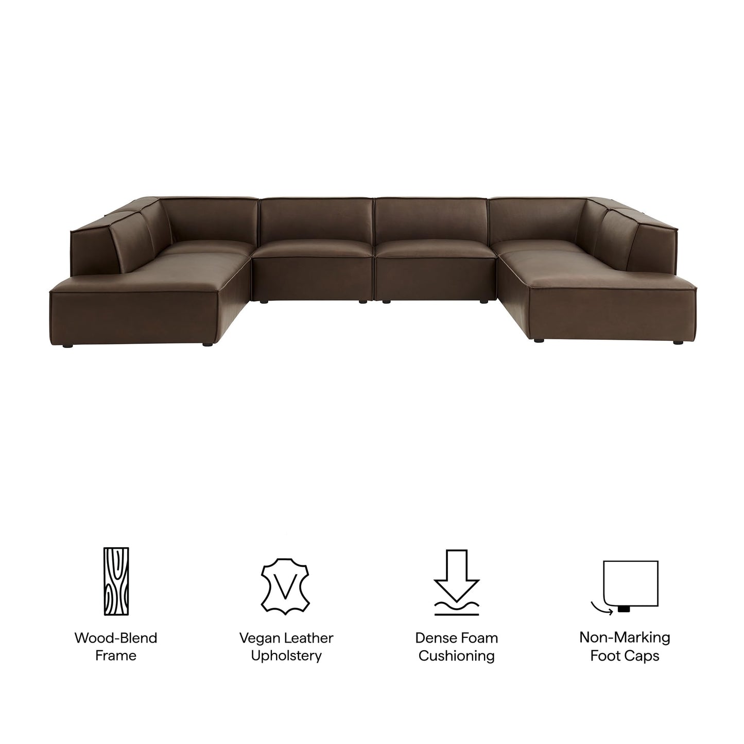 Modway Restore Faux Leather 6-Piece Modular U-Shaped Armless Sectional Sofa in Espresso – Vegan Leather Couch with Left-Facing Chaise, Right-Facing Armless Chaise, and Two Armless Chairs