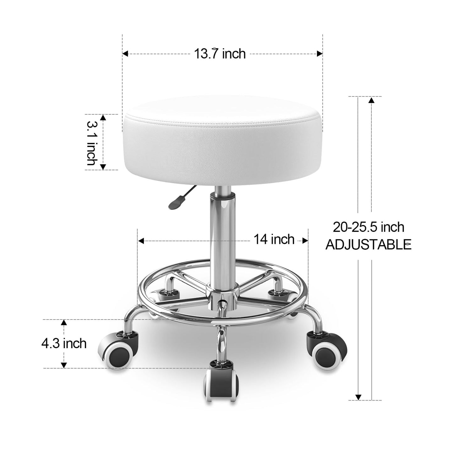 Rolling Stool With Heavy Weight Capacity 250lb, PU Leather Seat, Wheels and Footrest - Ultra Soft Padded, 360 Swivel for Spa, Drawing, Salon, Work, Office, Tattoo (White)