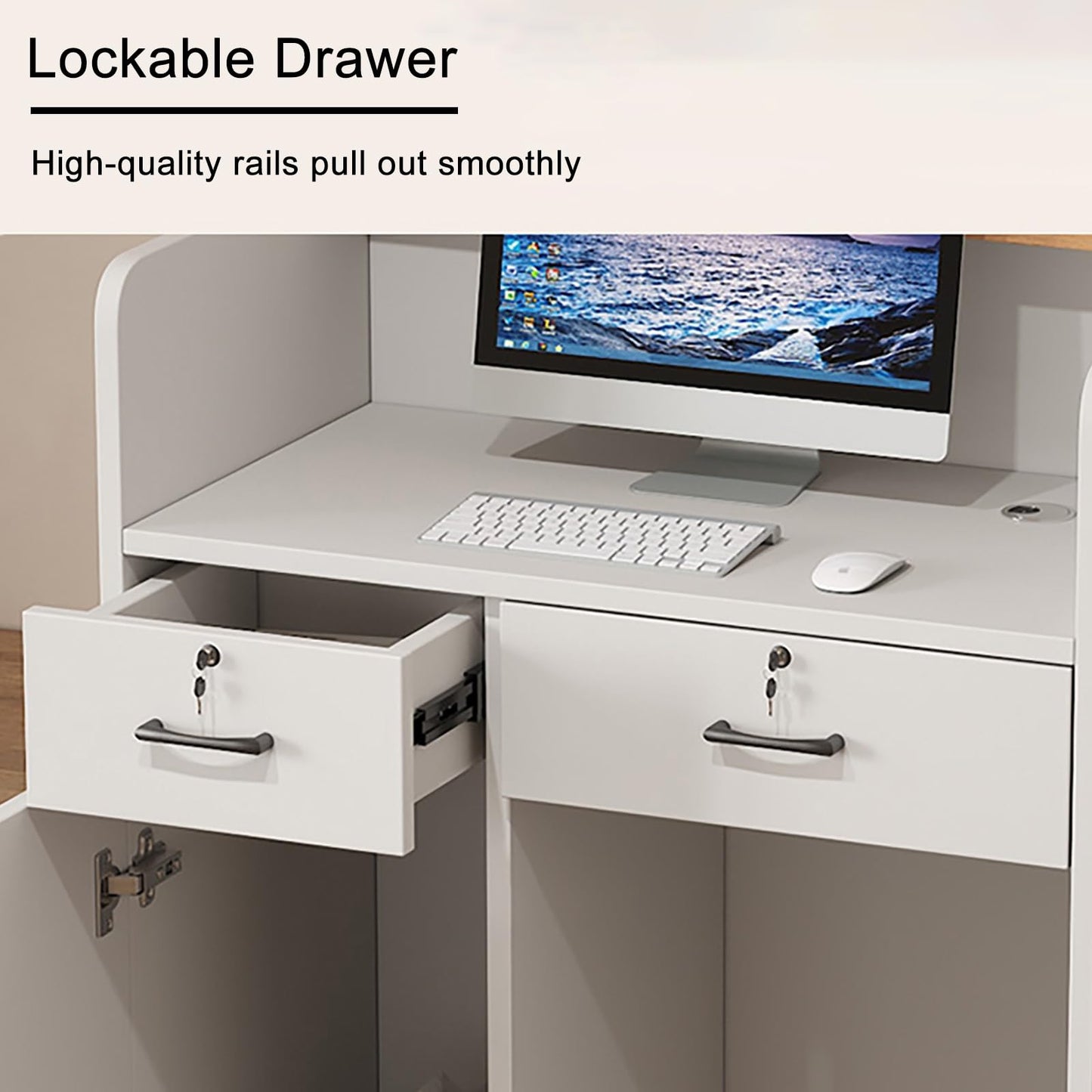 Reception Desk for Spaces with Lockable Drawer, Compact Office Counter Desk Counter Modern Front Lockable Drawers,Modern Stylish Wooden Reception Desk with Counter for Salon Office Boutique