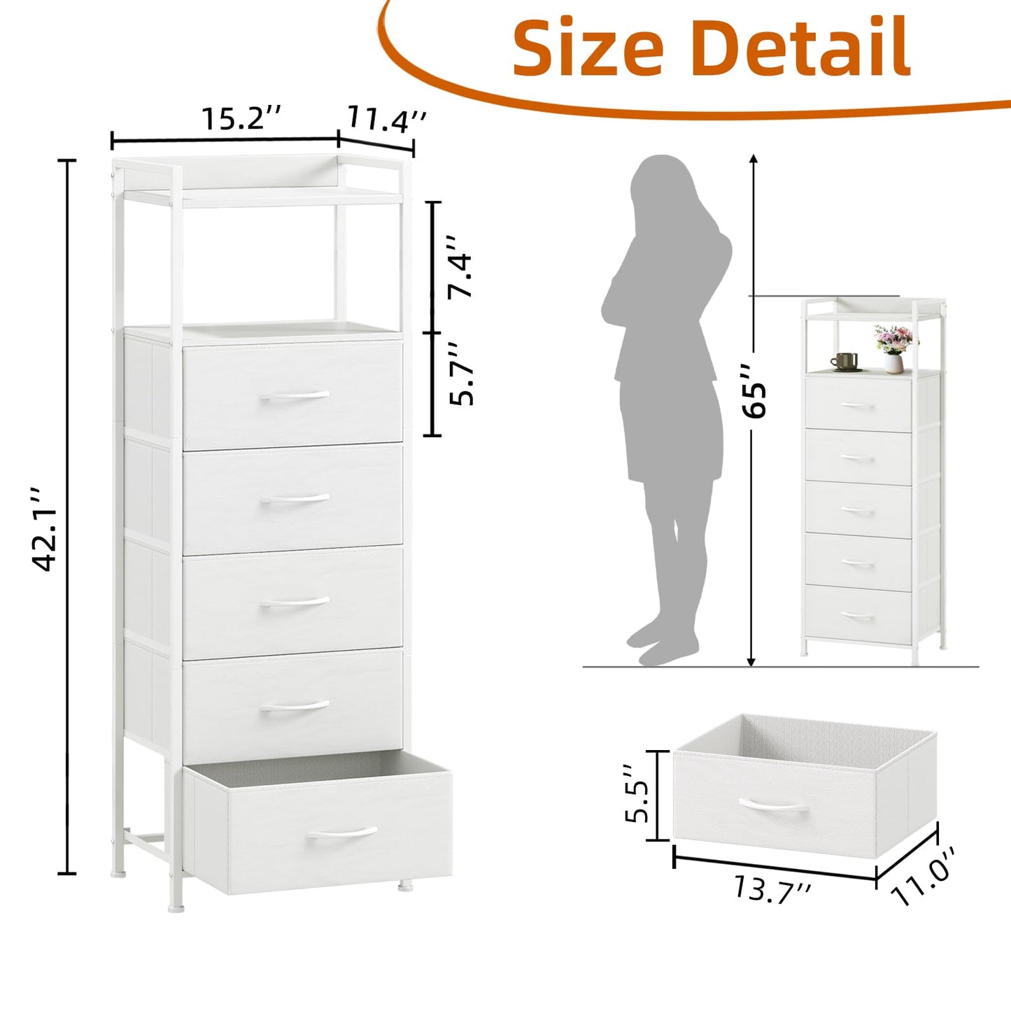 Somdot Tall Dresser for Bedroom, 5 Drawers Nightstand Vertical Storage Tower Unit, Night Stand Furniture with Fabric Drawer Organizer in Bedside Hallway, Entryway, Kids Room, Closet, White Leather