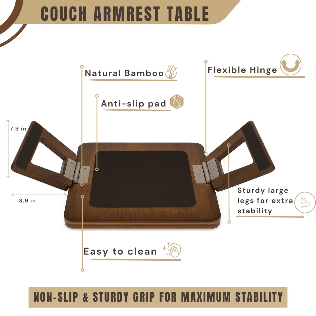 KANDOHAUS Sofa Table Tray - Bamboo Couch Armrest Table Universal Fit - Sofa Table With Non-Slip Pads to Keep Things in Place -13 x 9.5 Inch – Armrest tray table for couch – (Brown)