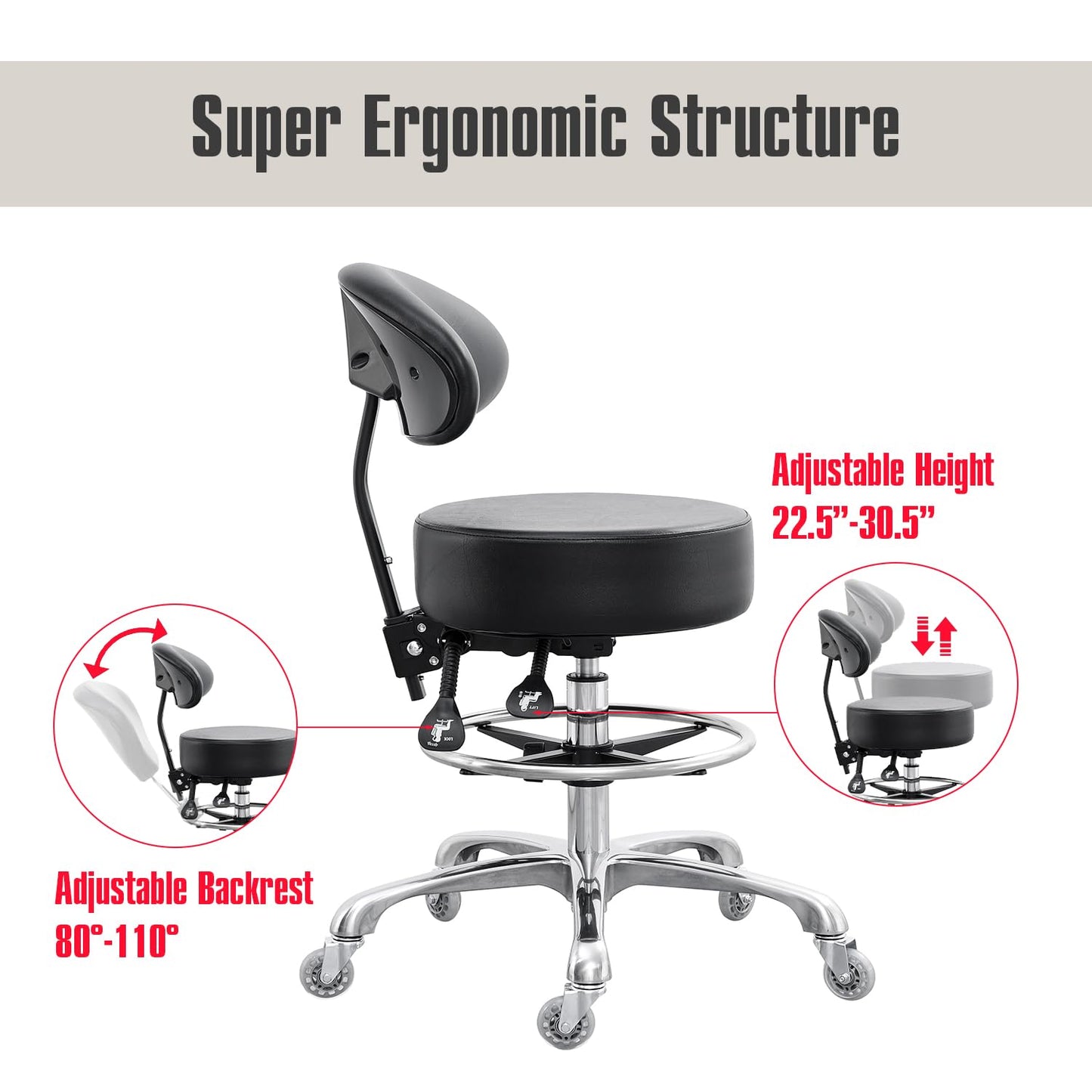 Grace&Grace Drafting Chair Big Cushion Rolling Stool with Back, Tall Shop Stool Rolling Chair with Footrest for Studio, Workshop, Classroom, Lab, Counter, Home Office (Black)