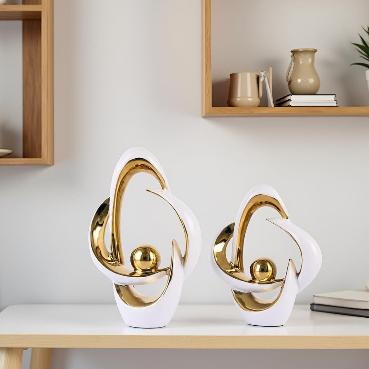 2PCS Home Decor Accent Ceramic Statue Abstract Sculptures Centerpieces Mid Century Modern Decor for Tables Coffee Table top Decorations for Living Room Desktop Shelf Dining Room Kitchen (White Gold)
