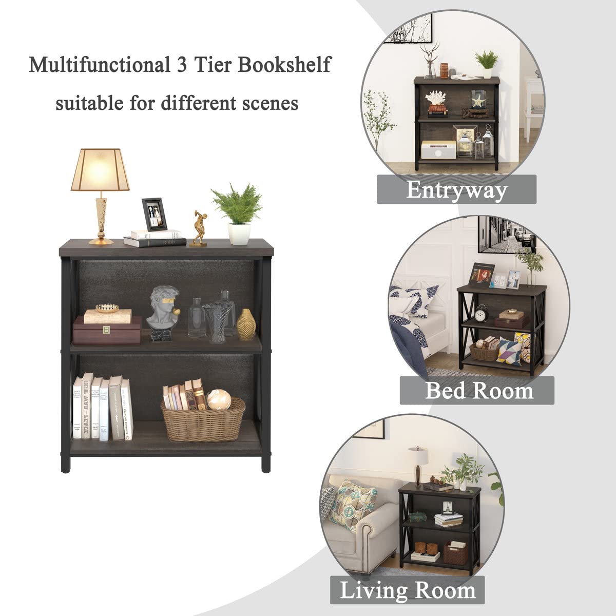 FATORRI Rustic Small Bookshelf for Small Space, Industrial Short Wood Bookcase, Farmhouse Low Book Shelf, 3 Tier Narrow Bookshelf for Living Room, Home Office, Hallway (Walnut Brown)