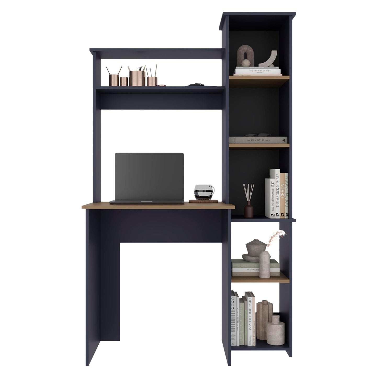 TUHOME Versalles Writing Desk with Large Monitor Shelf,Keyboard Tray and Five Side Open Storage Compartments,Modern Space-Saving Office Desk for Studios,Workspaces or Bedrooms, Functional Organization