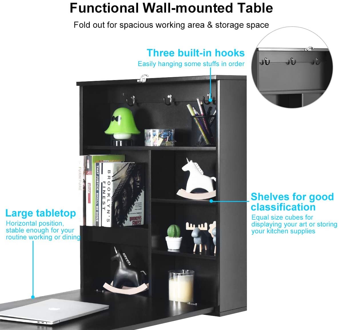 GRAFFY Modern Black Wall-Mounted Folding Desk, 24" x 34" x 57.5" (L x W x H), Multi-Function Table with Storage Shelves & Hooks, Computer Desk Laptop Workstation Home Office