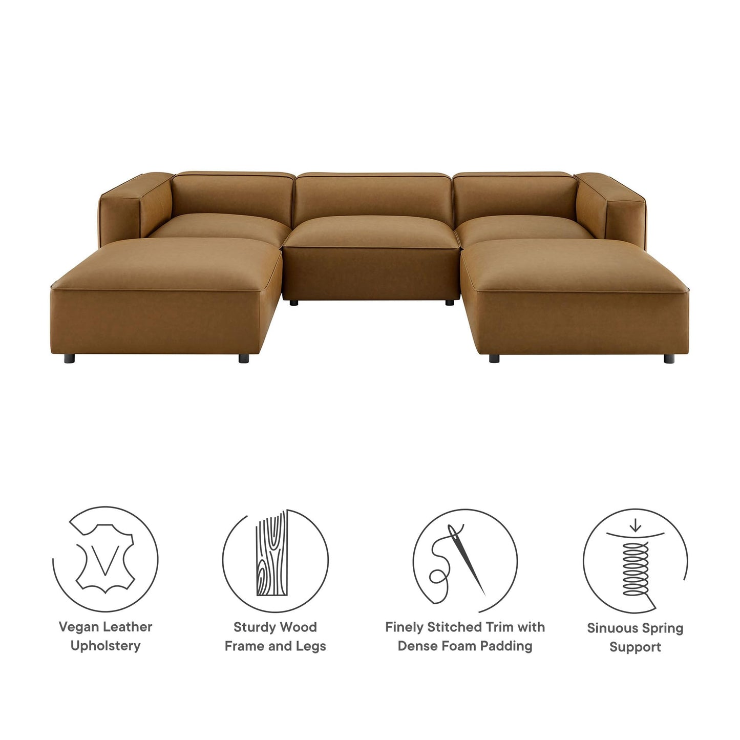 Modway Auren Vegan Leather 5 Piece Modular U-Shaped Sofa in Camel - Faux Leather Sectional - Comfy PU Leather Sofa - Oversized Mid Century Modern Couch for Living Room or Apartment