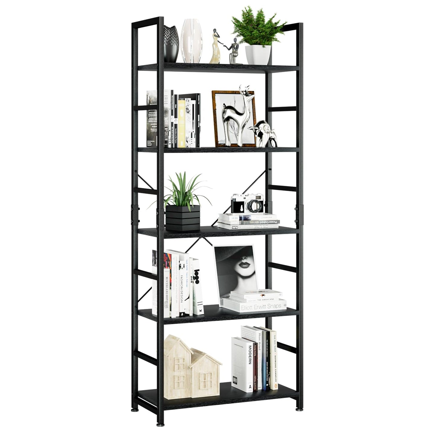 NUMENN 5 Tier Bookshelf, Tall Bookcase Shelf Storage Organizer, Modern Book Shelf for Bedroom, Living Room and Home Office, Black