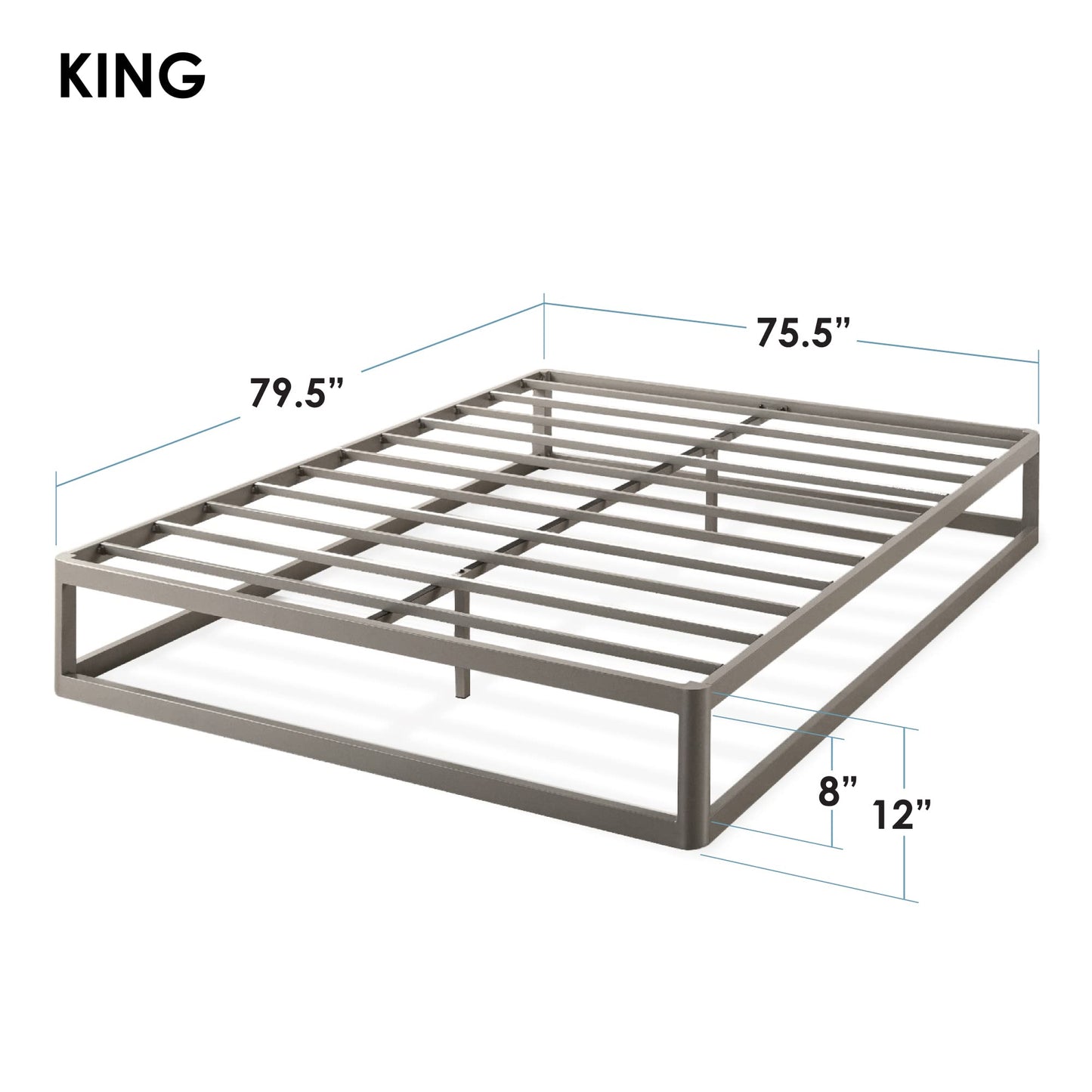 Mellow 12" Metal Platform Bed Frame w/Heavy Duty Steel Slat Foundation, King, Grey