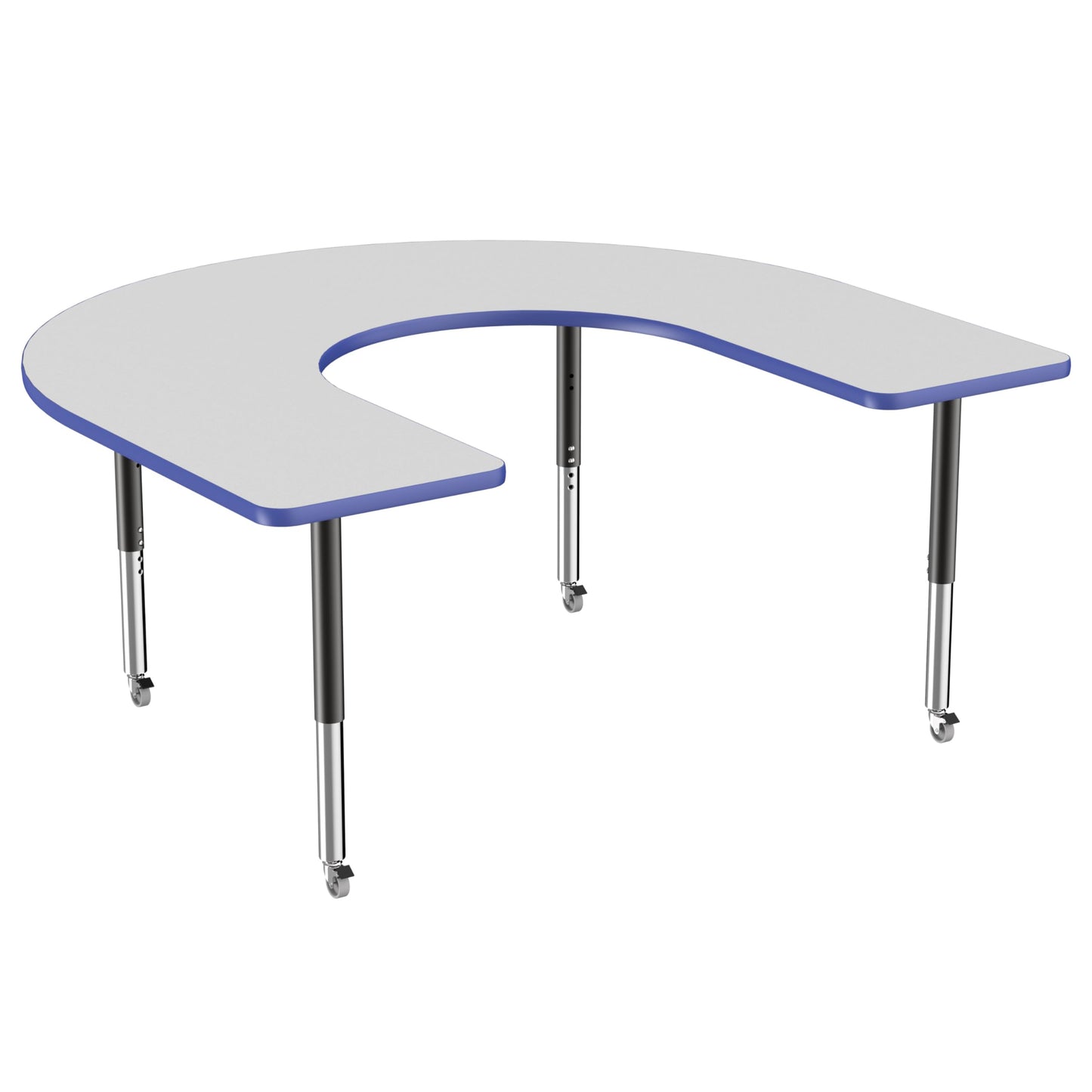 FDP Mobile Horseshoe Activity School and Office Table (60 x 66 inch), Super Legs with Glides and Casters for Collaborative Environments, Adjustable Height 19-30 inches - Gray Top and Blue Edge