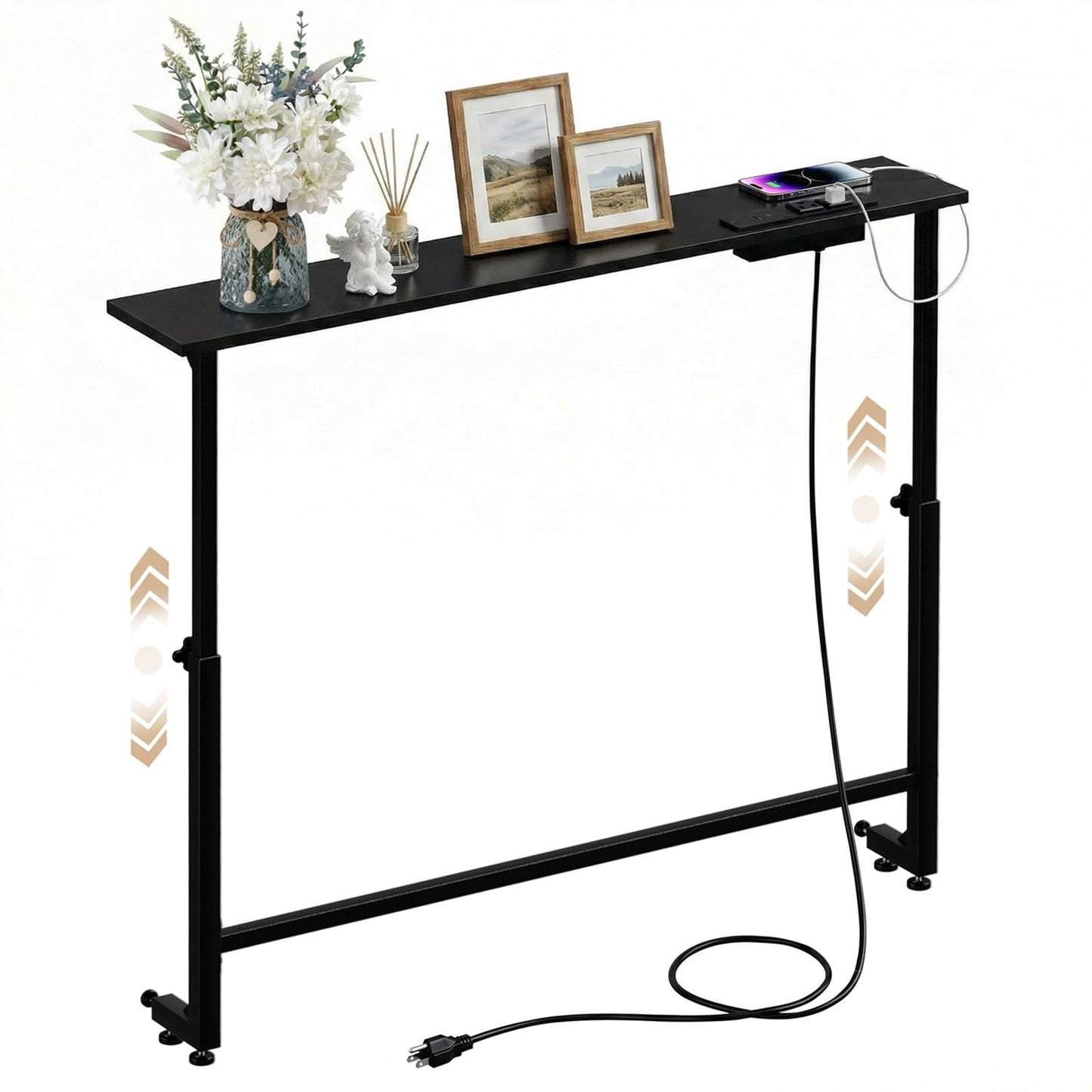 Faesun 33.5 Inch Behind Couch Table, 24"-32" Adjustable Height Range, Behind The Couch Table with Outlet, Adjustable Console Table, Narrow Long Sofa Table, for Living Room, Small Black