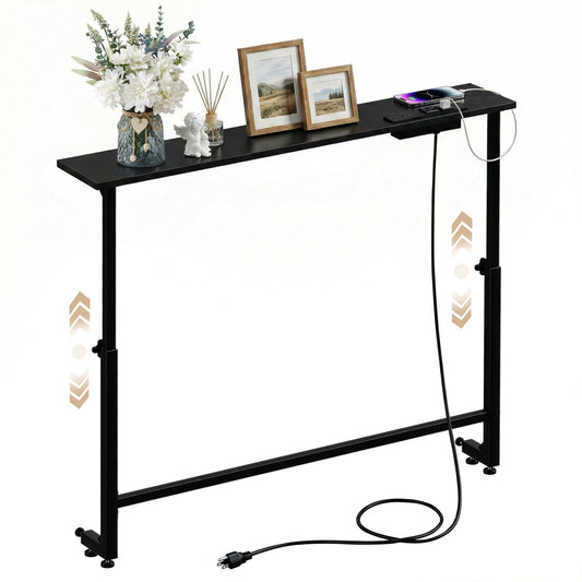 Faesun 33.5 Inch Behind Couch Table, 24"-32" Adjustable Height Range, Behind The Couch Table with Outlet, Adjustable Console Table, Narrow Long Sofa Table, for Living Room, Small Black