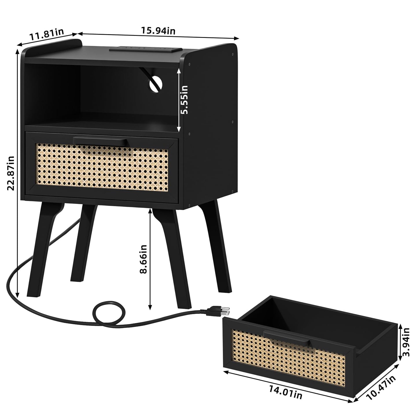 Lerliuo Rattan Nightstand with Charging Station, Black Bedside Table with Drawer Open Shelf, Cane Accent Side End Table with Solid Wood Legs, Night Stand for Bedroom, Dorm and Small Spaces