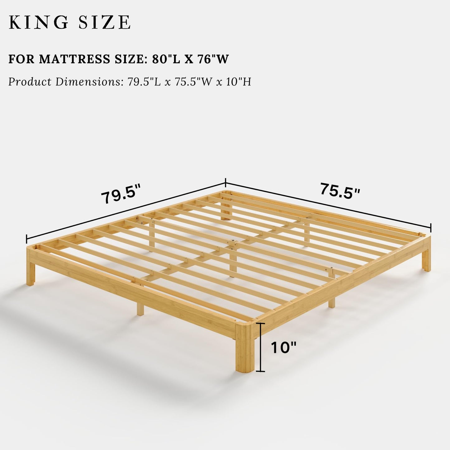 COMASACH 10 Inch King Wood Platform Bed，Mid-Century Wood Bed Frame King Size, No Box Spring Needed, Natural Finish, Easy Assembly