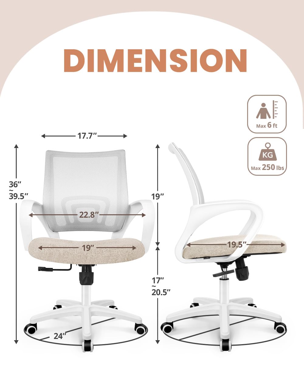 NEO CHAIR Office Desk Computer Chair Ergonomic Mesh Gaming Cushion Seat with Comfy Lumbar Mid Back Support Adjustable Height Swivel Rolling Wheels for Home Task (Beige)