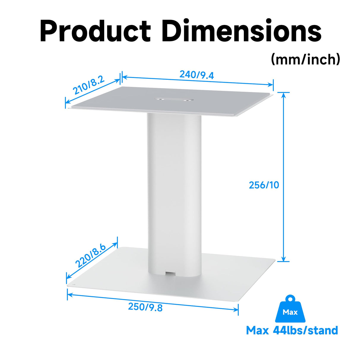 Suptek 9.4 x 8.2" Desktop Speaker Stands – Pair for Bookshelf & Desktop Speakers – 10" Height – Sturdy Base for Studio Monitors, PC, Gaming & Home Audio, White, SDM003LW