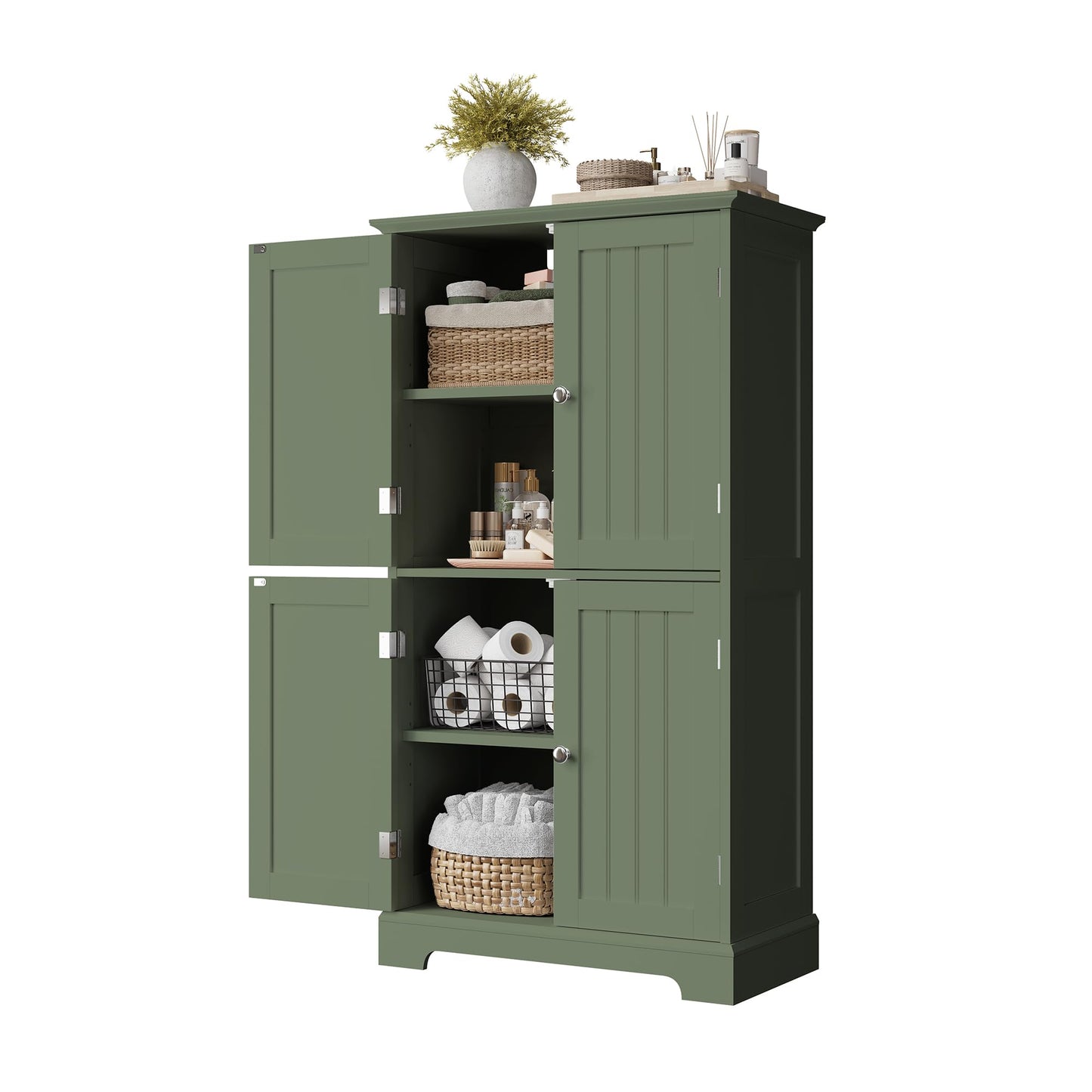 ChooChoo Bathroom Floor Cabinet, Modern Bathroom Storage Cabinet with 4 Doors and Adjustable Shelves, Freestanding Cupboard for Living Room, Green