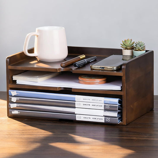 Wooden Desk Organizer with Dark Wood Finish, Stackable Paper Tray & File Holder, Multifunctional Mail Letter Sorter for A4 Documents, File Organizer,Office Supplies Storage for Home Office Study Work