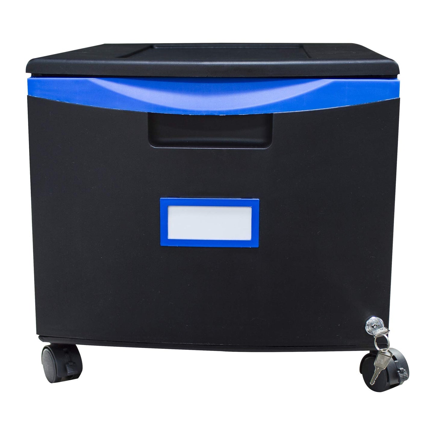 Storex Plastic One-Drawer File Cabinet – Locking Document Organizer with Casters for Home and Office, Black/Blue, 1-Pack (61269A01C)