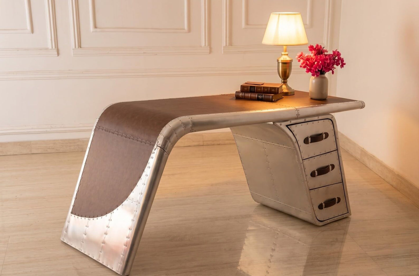 ARTIZANSTORE Industrial Aviator Wing Desk Handcrafted Aluminum Style with Leather Top Finish Office Furniture 68"
