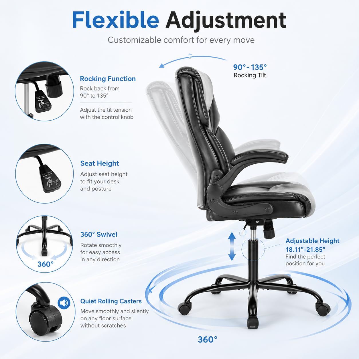 Ergonomic PU Leather Office Chair - Executive Computer Desk Chair with Lumbar Support & Wide Seat, Adjustable Height Task Chair with 360° Swivel & Quiet Wheels for Home Office, Gaming, Black