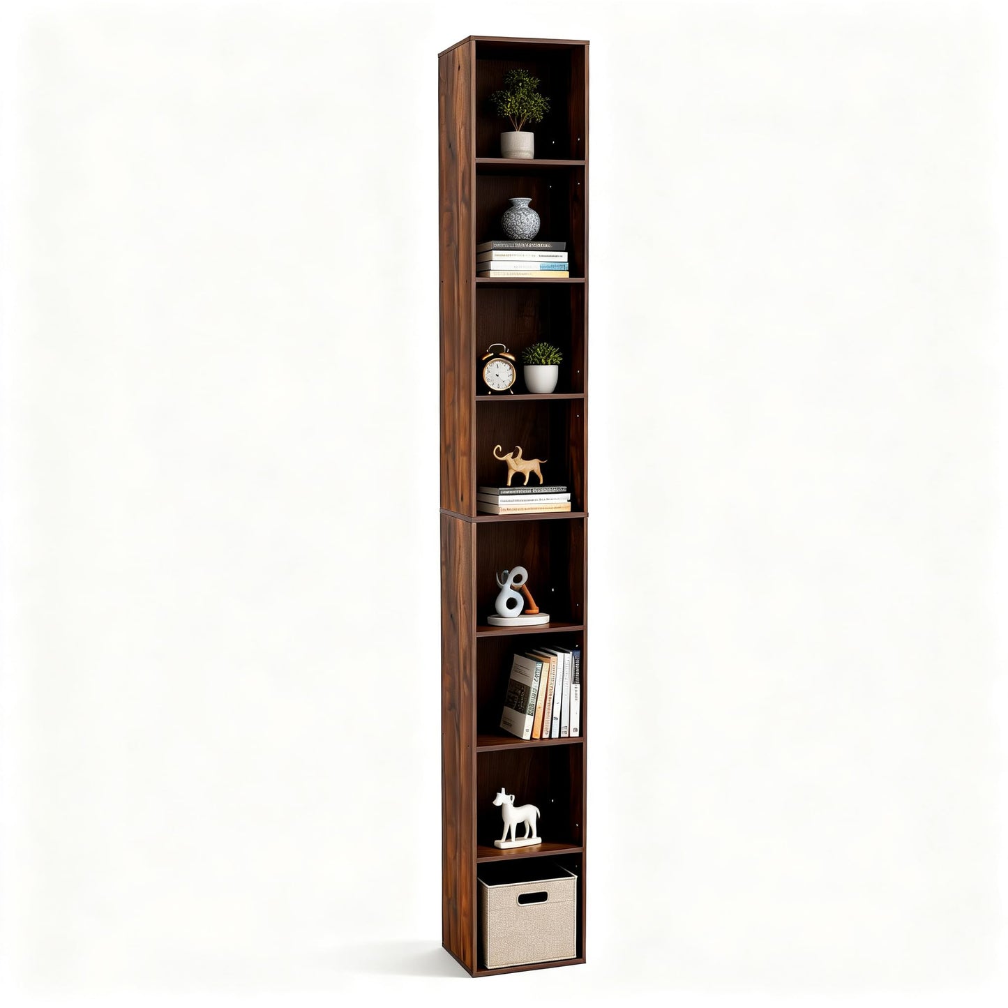 NewBeth 8-Cube Storage Organizer Bookcase, White, Tall Narrow Bookshelf for Home Office (Dark Brown)