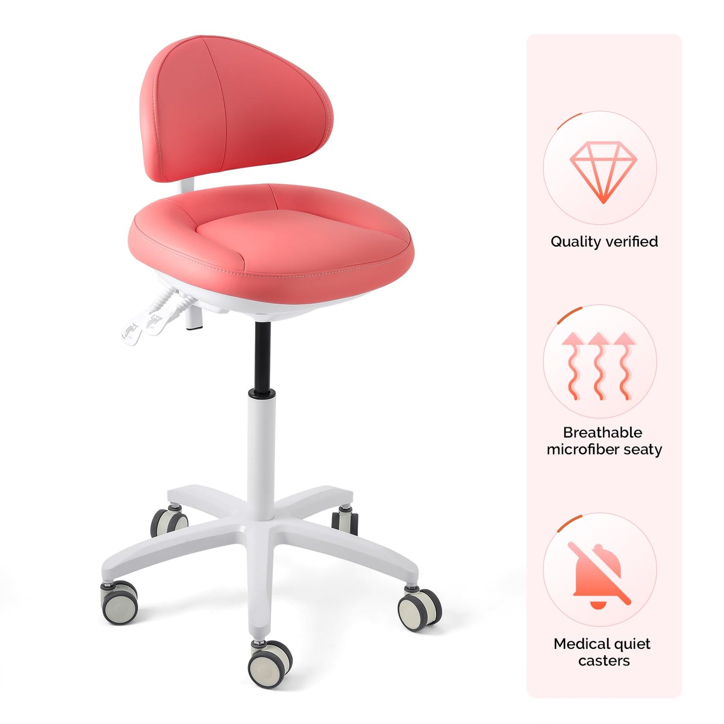 JMU Dental Stool, Adjustable Height Rolling Stool with Backrest, 350lbs Load Capacity Microfiber Leather, for Medical Clinic Lab Tattoo Salon, Pink