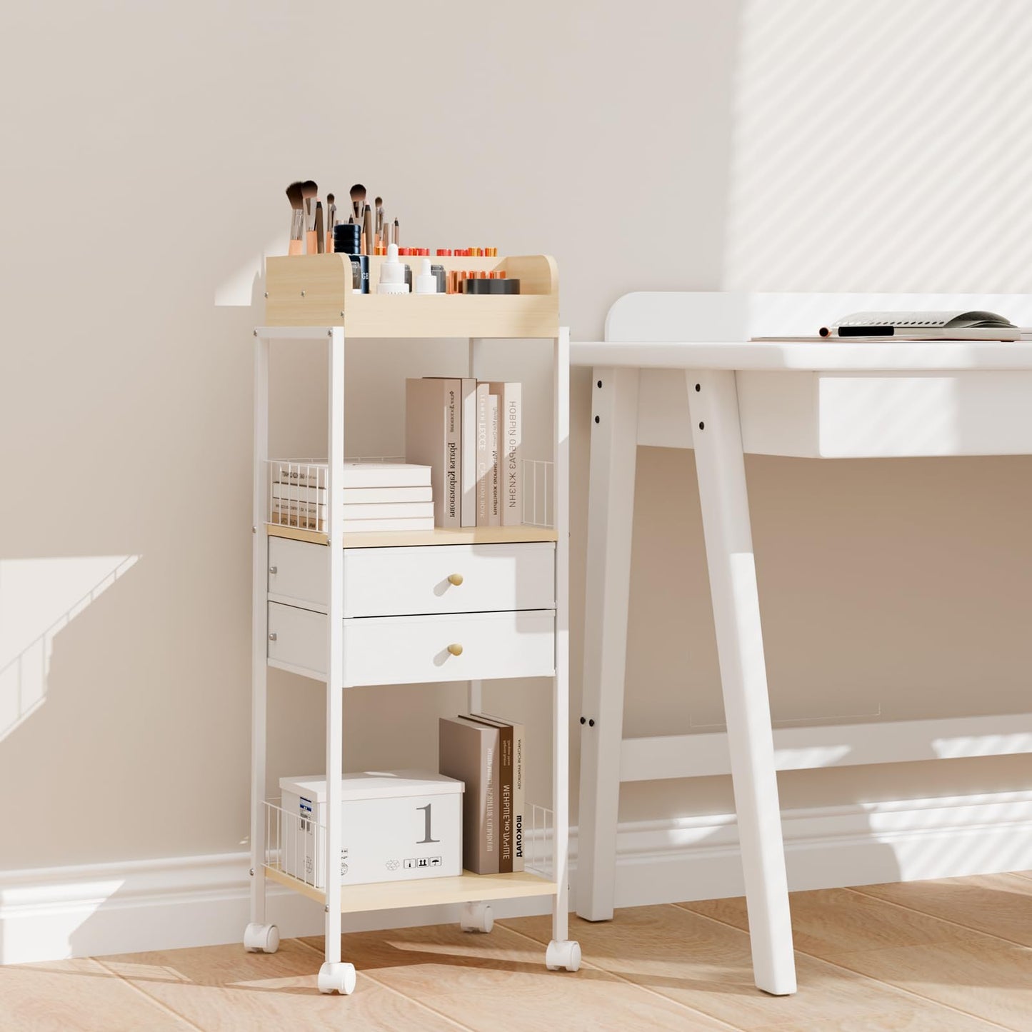Makeup Organizer Cart Shelf Floor Skincare Organizers Make Up and Station Storage Cabinet For Vanity Standing Cosmetics With Drawers and Wheels For Nail Polish Perfume Hair Tool Holder Beauty(White)
