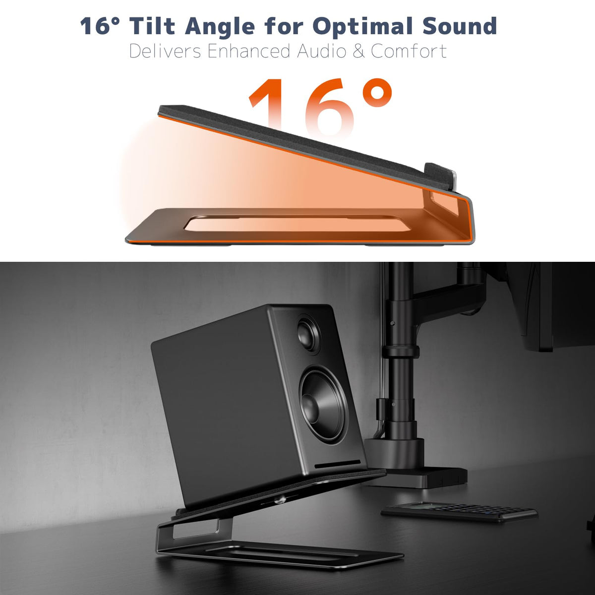 Desk Speaker Stands for Most Bookshelf Speakers,22 lbs Capacity, 16° Tilt Angle Speaker Risers with Anti-Vibration Pads,Compact for 3"-4" Studio Monitors,Space-Saving Stands for PC Speakers,Black