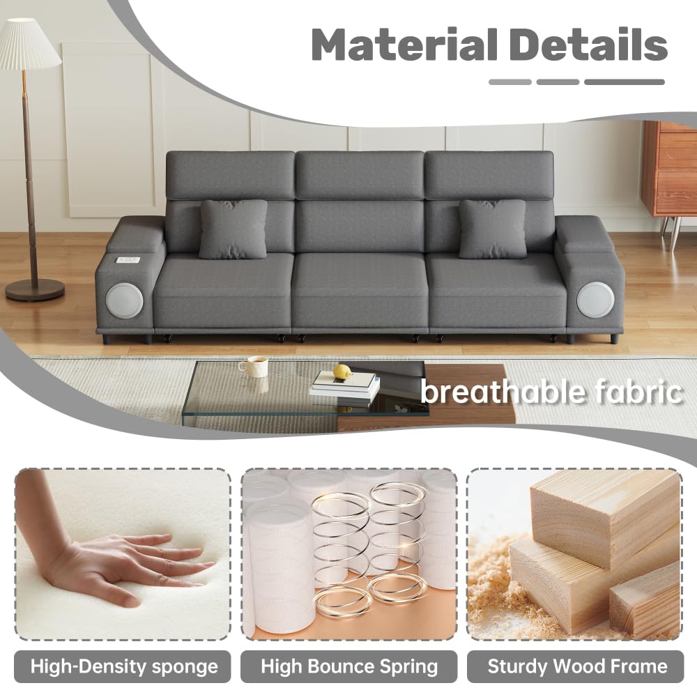 3-Seater Power Recliner Sofa with Remote Control, Bluetooth Speakers & Wireless Charging, Electric Reclining Sectional Couch with 2 Storage Boxes, USB Ports, for Living Room