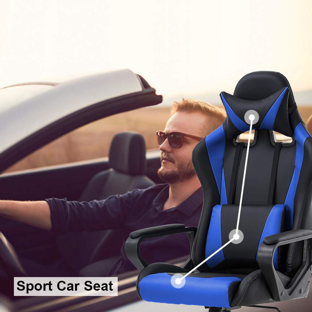 BestOffice PC Gaming Chair Massage Office Chair Adjustable Desk Chair High Back PU Leather Executive Rolling Racing Computer Chair with Lumbar Support Headrest Armrest Swivel Task Chair(Blue)