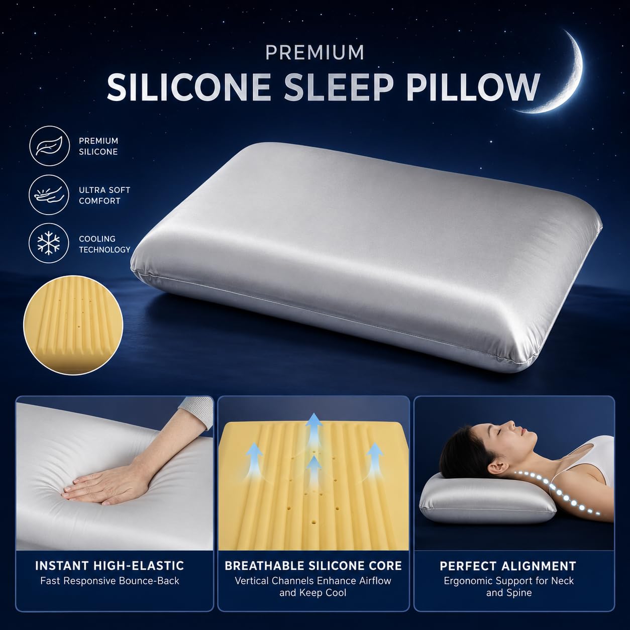 ASRIO Cooling Wave Silicone Pillow for Side, Back and Combo Sleepers, 4.72" Medium Profile Ergonomic Bed Pillow with Washable Silicone Core, Medium Firm Neck Support, Standard Size