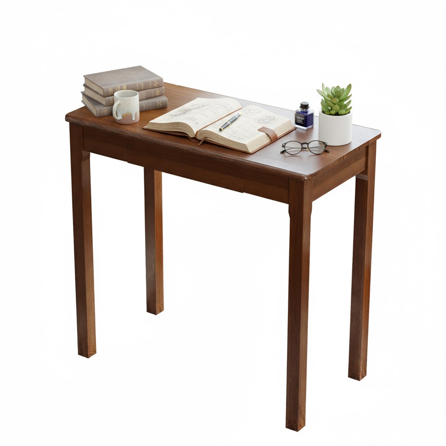 Love-KNPTUS Solid Wood Desk with Drawers - 31.5" Narrow Desks for Small Spaces, Mid Century Modern Desks, Small Wooden Vintage Computer Writing Desk, Study Table for Home Office Bedroom, Walnut
