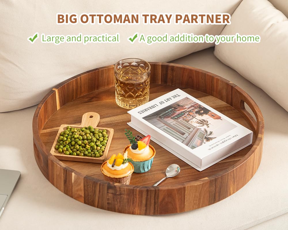 Decent Vrvege Extra Large Round Ottoman Coffee Table Tray, 22" Big Kitchen Serving Trays for Huge Ottoman Counter Giant Decorative Organizer, Huge Wood Serveware Tray with Built-in Handle for Big Job