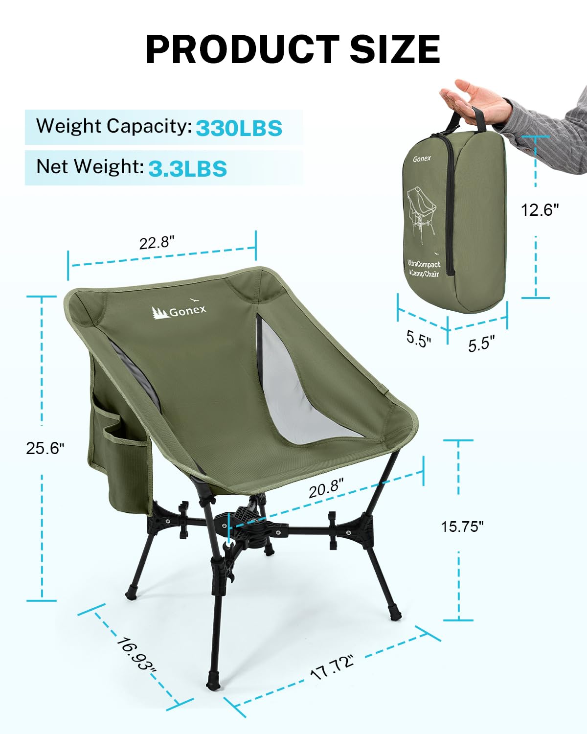 Gonex Portable Camping Chair, The 5th Gen Ultralight Compact Backpacking Foldable Lightweight Folding Chair for Outdoor Camp Hiking Beach Picnic Concert, Supports 330lbs (Army Green, 1 PCS)
