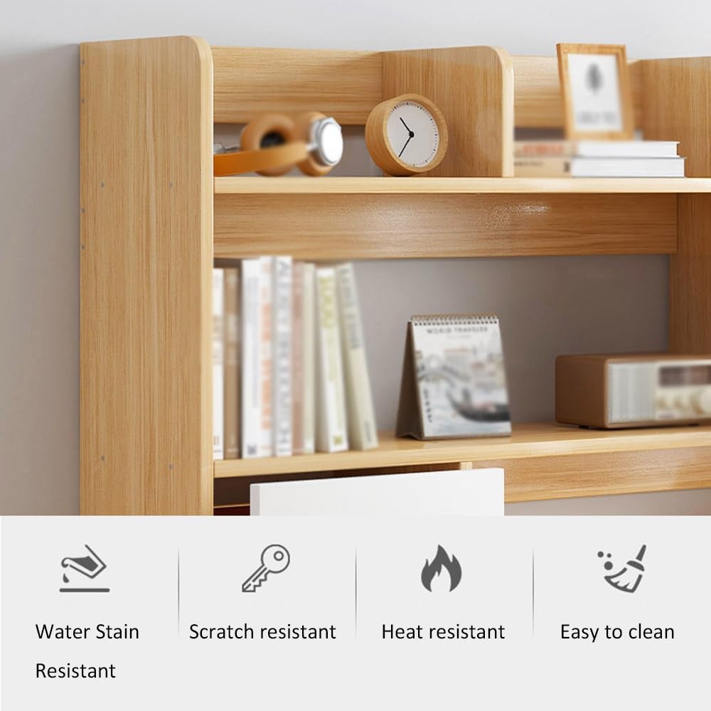 Wood Desktop Bookshelf Desk Book Shelves 83x17x80cm Large Capacity Office Storage Rack with 4 Drawers Countertop Bookcase Shelf(Brown,113x17x80cm)