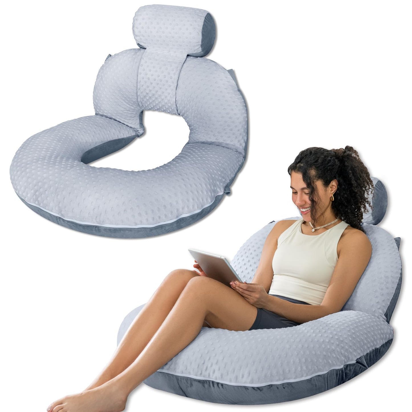 INSEN Reading Pillow, Back Pillow for Sitting in Bed for Reading, Nurse & Relax, Reading Pillow for Adults, Moms & Kids, Sit Up Pillow for Bed, Double-Sided Gray