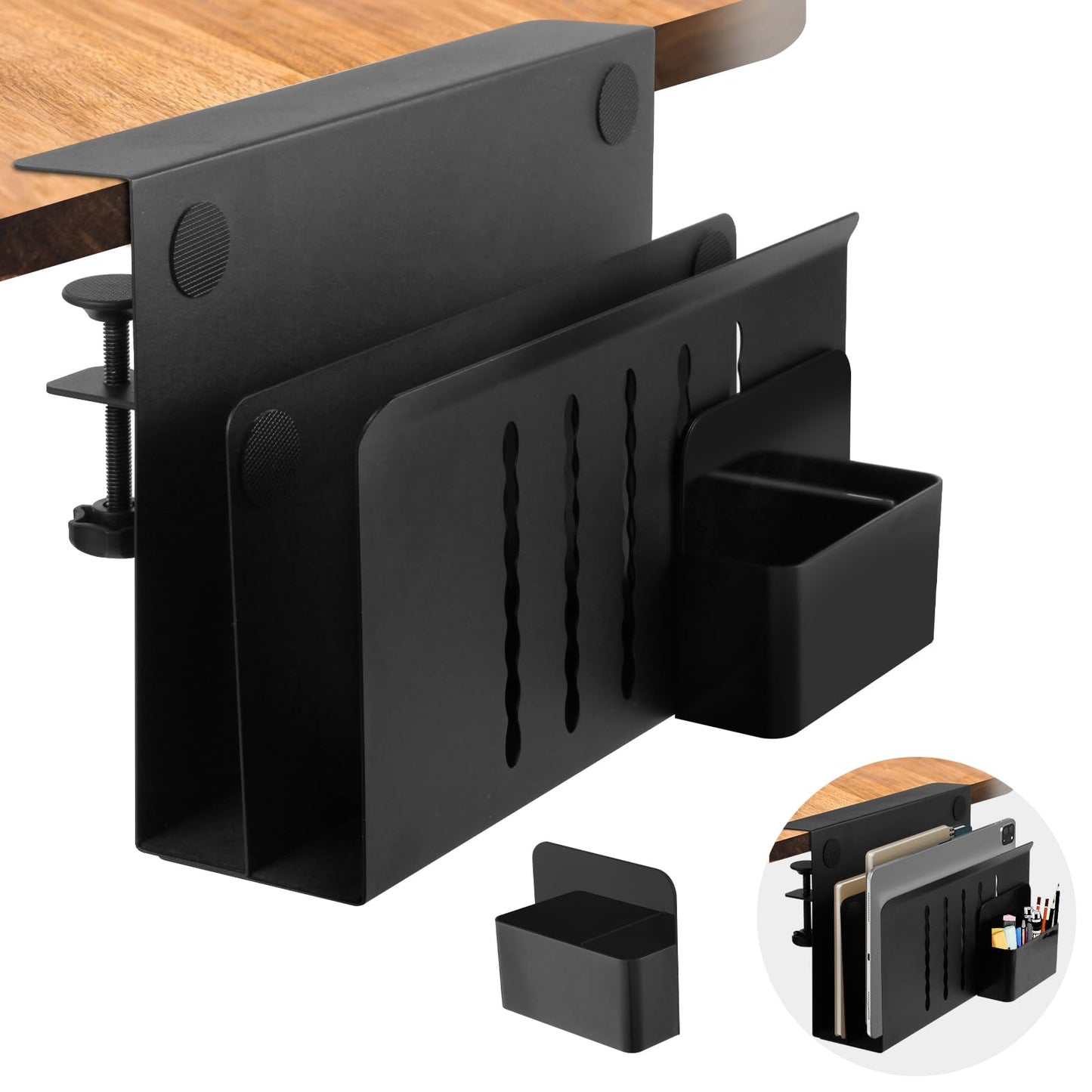 CIBOTIES Desk Side Storage, 2 Tier Steel Hanging Organizer, No Drill Side Desk Organizer, Laptop Holder, with Pen Holder, For Office Supplies & Studio Essentials Black