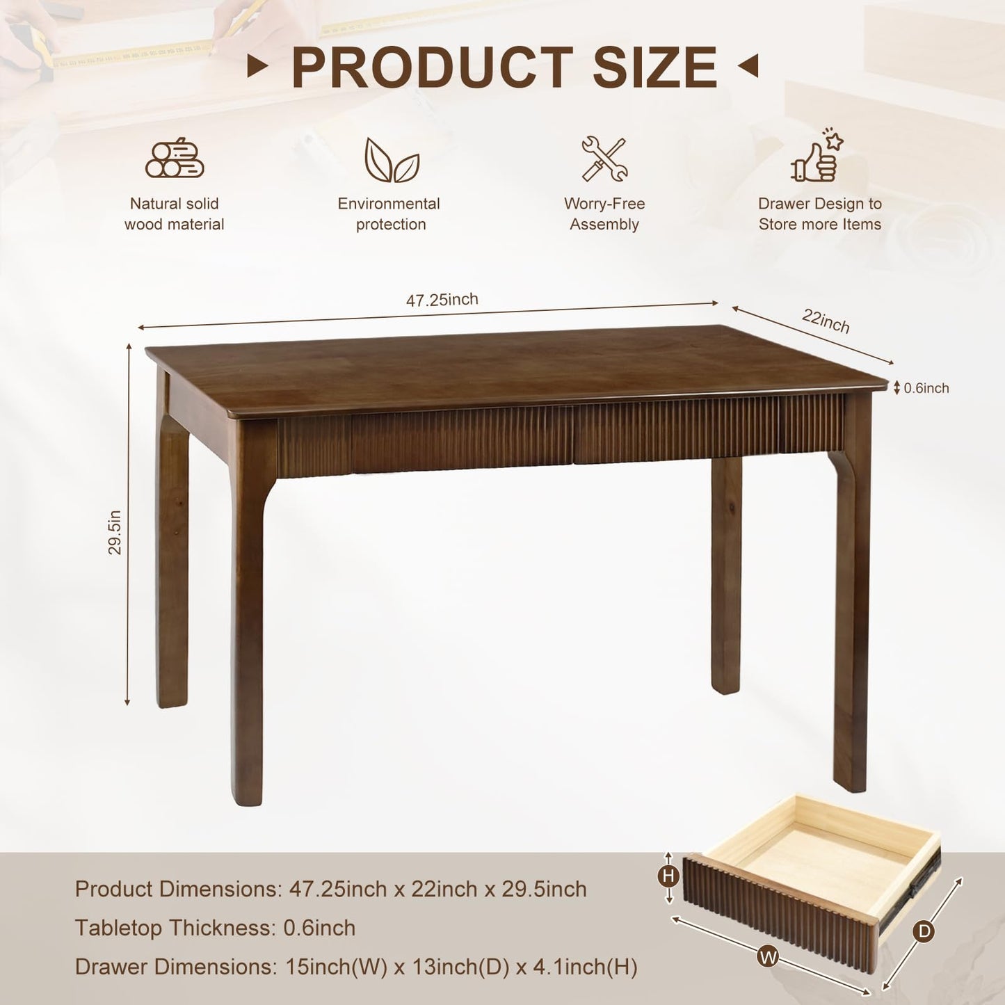 47.2'' Solid Wood Desk with 2 Drawers, Mid Century Modern Home Writing Office Wooden Desk ,Vintage Computer Table with Storage for Living Room, Bedroom, Fluted Design Brown (Walnut, 47.2 Inch)