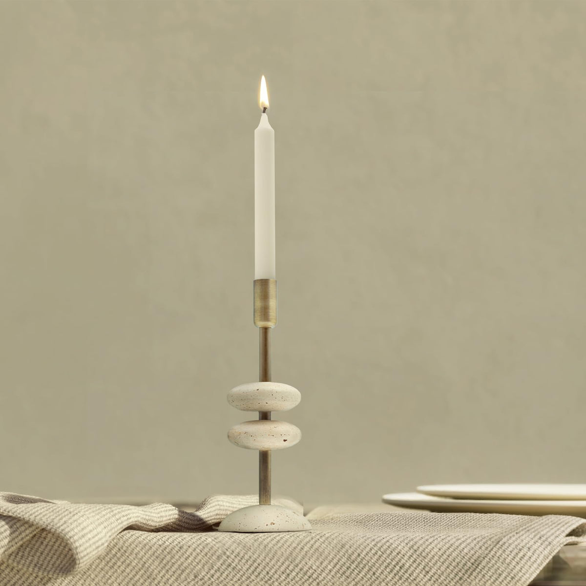 NEXOTIQUE Marble Candlestick Holders, Taper Candle Holder for Table Candles White Candelabra Candle Holders for Console Tabale, Wedding Centerpiece, Cozy Home Decor, Travertine, 10''